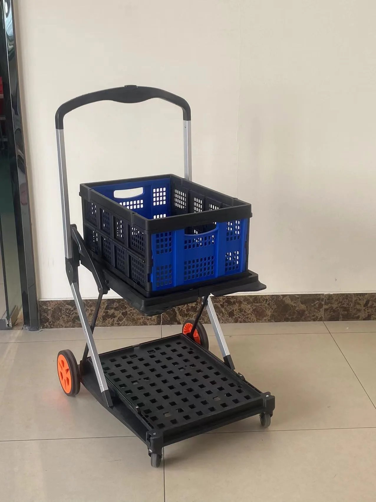 folding plastic tooling hardware trolley Cart with folding basket